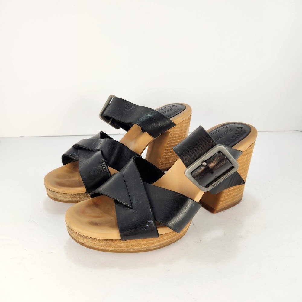 Kork Ease Women's Black Leather‎ Strappy Comfy Heel Sandals Size 6M